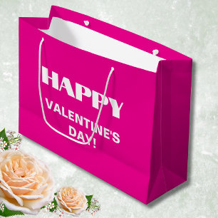 シンプルホワイトクリーンHappy Valentines Day ホットピンク ラージペーパーバッグ