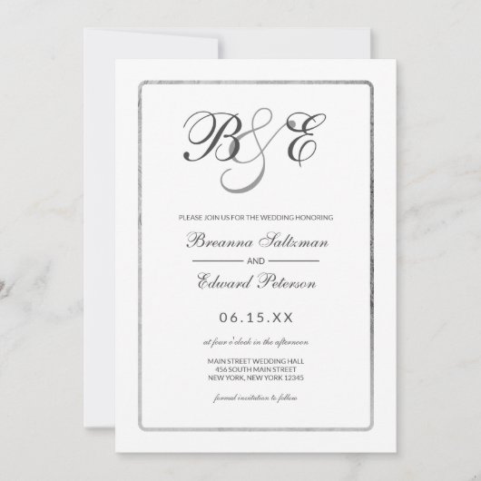 シンプルホワイトシルバー縁どモノグラ結婚ムズ 招待状 (正面)