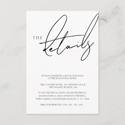 シンプルホワイトスクリプト結婚タイポグラフィの詳細 エンクロージャーカード (正面)