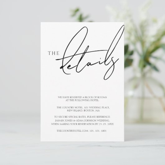 シンプルホワイトスクリプト結婚タイポグラフィの詳細 エンクロージャーカード (スタンド正面)