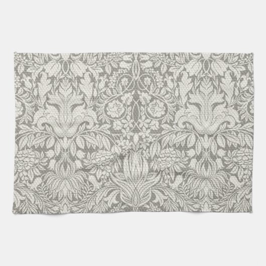 シンプルホワイトダマスク花柄 キッチンタオル (横)