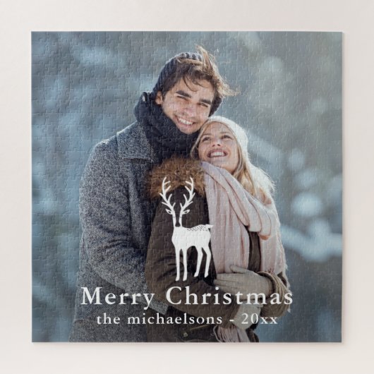 シンプルホワイトディアオーバーレイクリスマスホリデーフォト ジグソーパズル (縦)