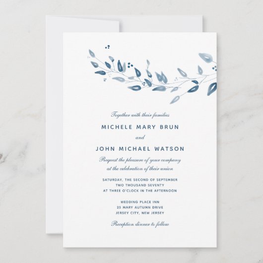 シンプルホワイトネービーブルー葉結婚式招待状 招待状 (正面)