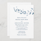シンプルホワイトネービーブルー葉結婚式招待状 招待状 (正面/裏面)