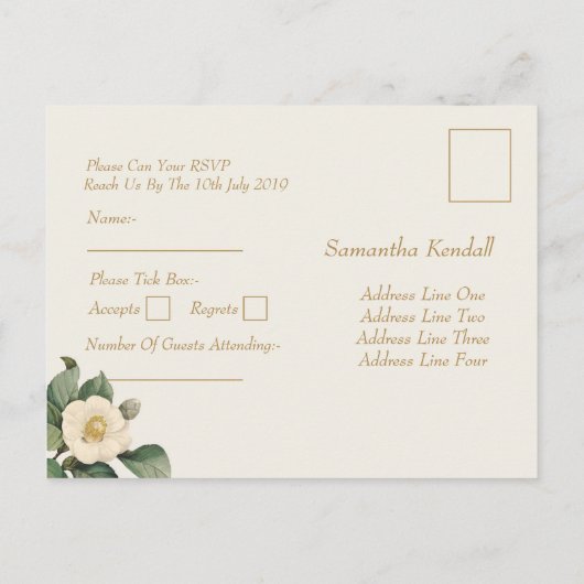 シンプルホワイトフローラリグ |ウェディングRSVPポストカード インビテーションポストカード (裏面)