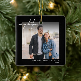 シンプルホワイトメリークリスマスフォトブラック セラミックオーナメント