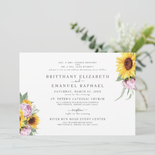 シンプルホワイト両親両花ひまわ結婚り 招待状 (スタンド正面)