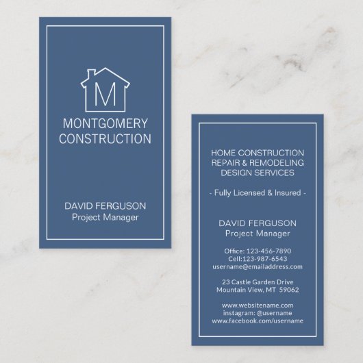 シンプルホームロゴモノグラムバーチカルネイビーブルーホワイト 名刺 (正面/裏面)