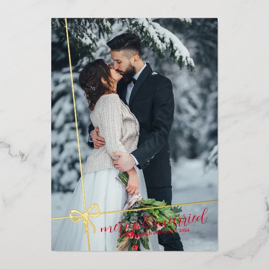 シンプルボウゴールドメリーフォイル&ク結婚したリスマス 箔招待状 (正面)