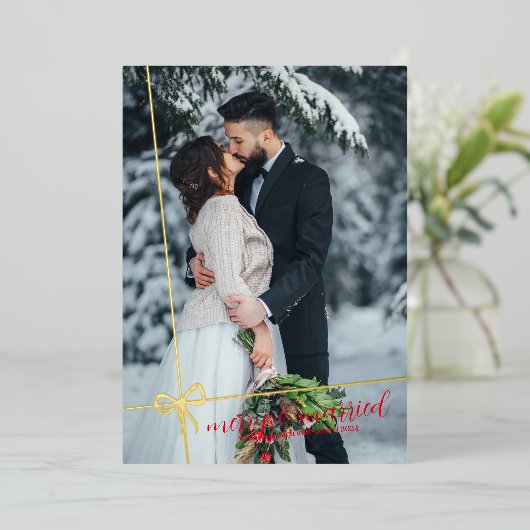 シンプルボウゴールドメリーフォイル&ク結婚したリスマス 箔招待状 (立ち正面)