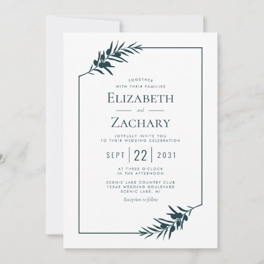 シンプルボタニカルフレームエメラルドグリーン結婚ズ 招待状 (正面)