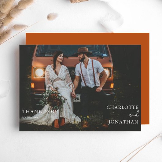 シンプルボタニカルボヘミアンテラコッタフォト結婚ズ サンキューカード