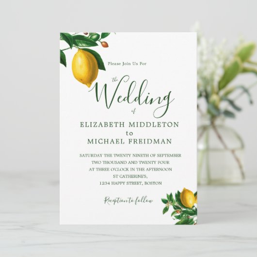シンプルボタニカルレモン緑モノグラムエレガント 招待状 (スタンド正面)