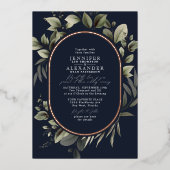 シンプルボタニカル&RSVP QRコードネイビー結婚ズバラ 箔招待状 (正面)