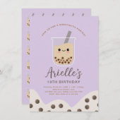 シンプルボバブルミルクティーパープル誕生日 招待状 (正面/裏面)