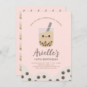 シンプルボバブルミルクティーピンク誕生日 招待状 (正面/裏面)