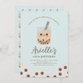 シンプルボバブルミルクティーブルー誕生日 招待状 (正面/裏面)