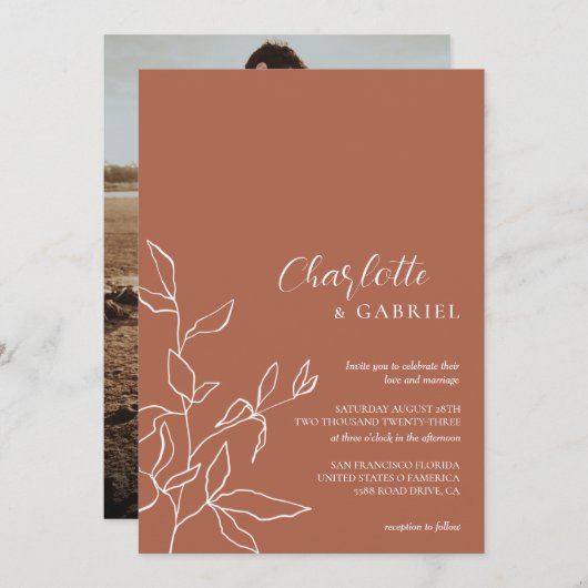 シンプルボヘミアン結婚テラコッタ 招待状 (正面/裏面)