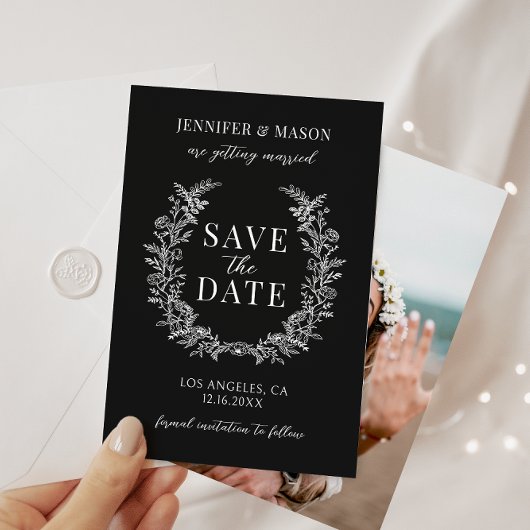 シンプルボヘミアン黒フローラSave the Date photo 招待状