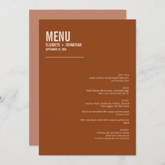 シンプルボホテラコッタタイポグラフィ結婚ズメニュー メニュー (正面/裏面)