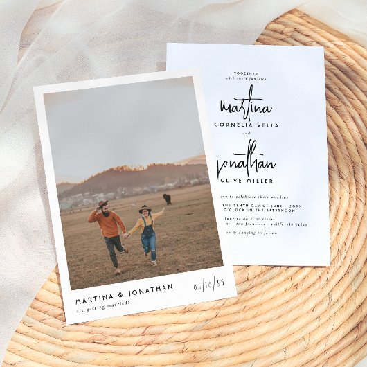 シンプルボホブラック&ホワエレガントトフォト結婚ズ 招待状