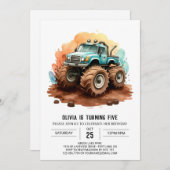 シンプルボホホイールモンスタートラック誕生日 招待状 (正面/裏面)