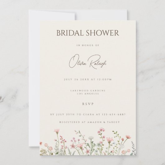 シンプルボホワイルドフラワーベージュブライダルシャワーカード 招待状 (正面)