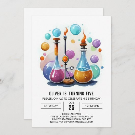 シンプルポションウィムシーサイエンティスト誕生日 招待状 (正面/裏面)