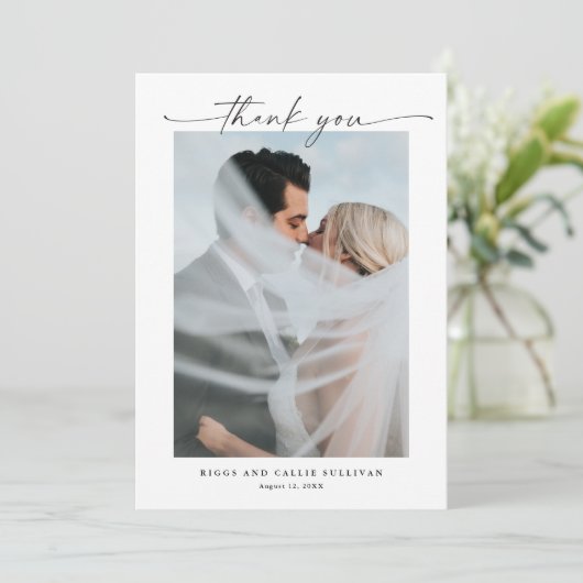 シンプルポートレート写真のスクリプ結婚ト サンキューカード (スタンド正面)