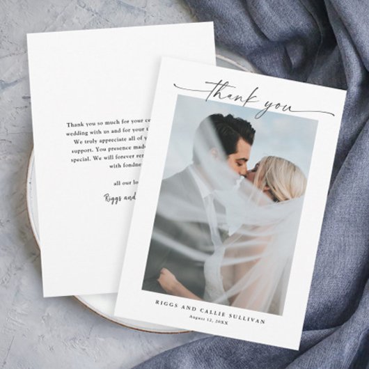 シンプルポートレート写真のスクリプ結婚ト サンキューカード