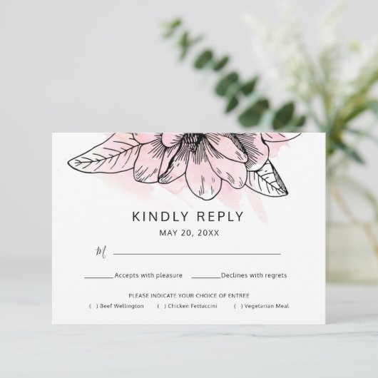 シンプルマグノリアピンクウォーターカラーミールの選択 出欠カード (スタンド正面)