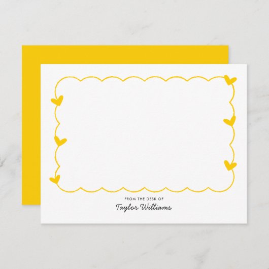 シンプルマスタードの波状縁どハート ノートカード (正面/裏面)