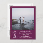 シンプルマゼンタパープルウェディング日付写真を保存 ポストカード (正面/裏面)