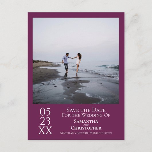 シンプルマゼンタパープルウェディング日付写真を保存 ポストカード (正面)