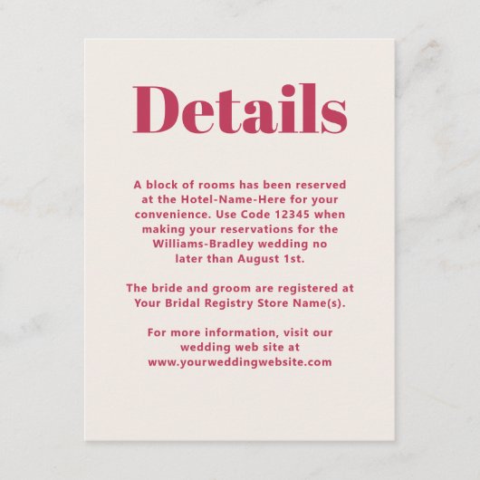 シンプルマゼンモダンタミニマル結婚リスト詳細 エンクロージャーカード (正面)