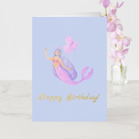 シンプルマーメイド誕生日ブルー 箔グリーティングカード (蘭)