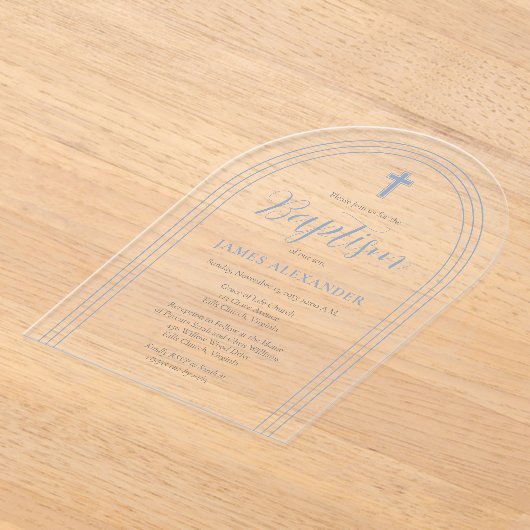 シンプルミニマエレガントリストブルーボーイバプテスマ アクリル招待状 (レイダウン)