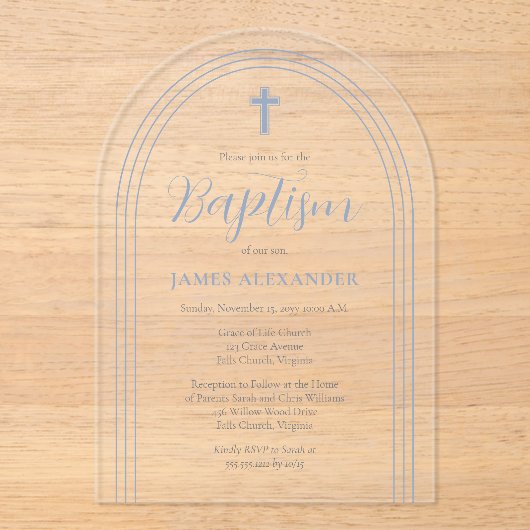 シンプルミニマエレガントリストブルーボーイバプテスマ アクリル招待状 (正面)