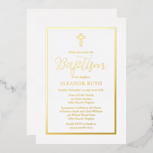 シンプルミニマエレガントリスト洗礼 箔招待状 (正面/裏面)