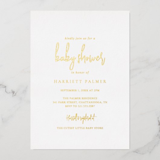 シンプルミニマエレガントリスト赤ちゃんシャワー金ゴールド 箔招待状 (正面)