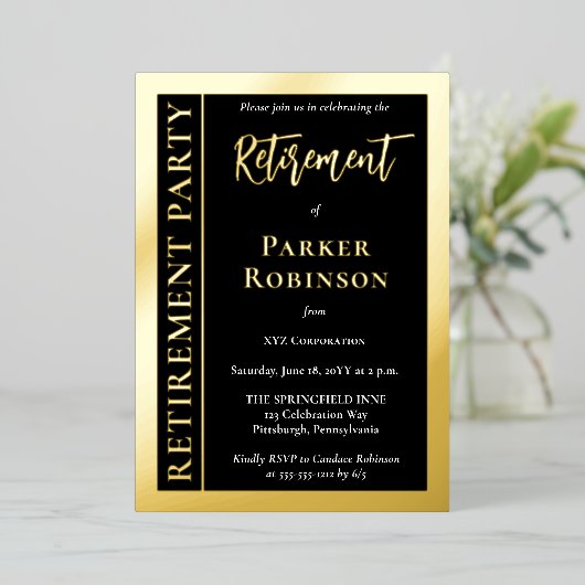 シンプルミニマエレガントリスト退職パーティー 箔招待状 (立ち正面)