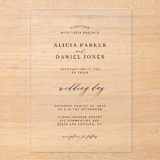 シンプルミニマエレガントリス澄んト結婚スクリプト アクリル招待状 (正面)