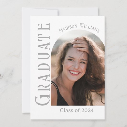 シンプルミニマモダンリストのアーチ型写真卒業 案内状 (正面)