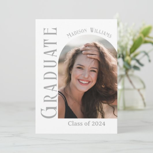 シンプルミニマモダンリストのアーチ型写真卒業 案内状 (スタンド正面)