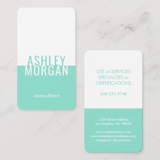 シンプルミニマモダンリストタイポグラフィティール（緑がかった色）縦 名刺 (正面/裏面)