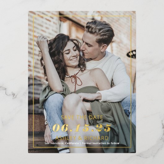 シンプルミニマモダンリスト写真の日付を保存 箔招待状ポストカード (正面)