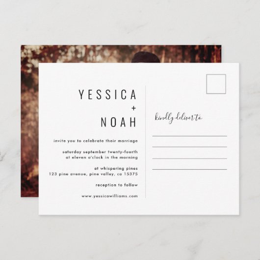 シンプルミニマモダンリス結婚ト写真 インビテーションポストカード (正面/裏面)