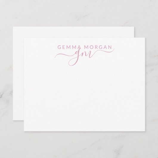 シンプルミニマリストパステルピンク名スクリプトイニシャル ノートカード (正面/裏面)