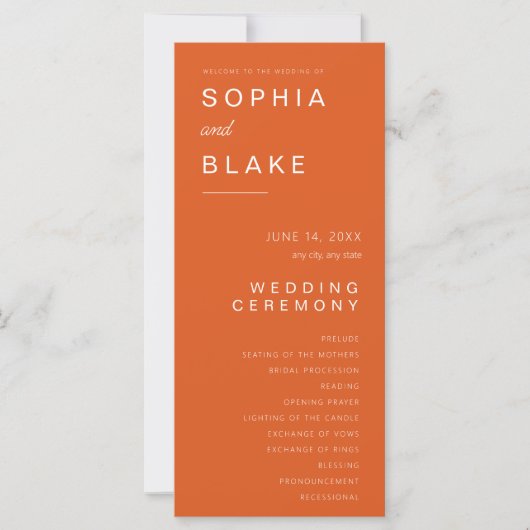 シンプルミニマリストファイアオレンジ結婚式 プログラム (正面)