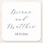 シンプルミニマリスト書道白結婚文字 スクエアペーパーコースター (正面)